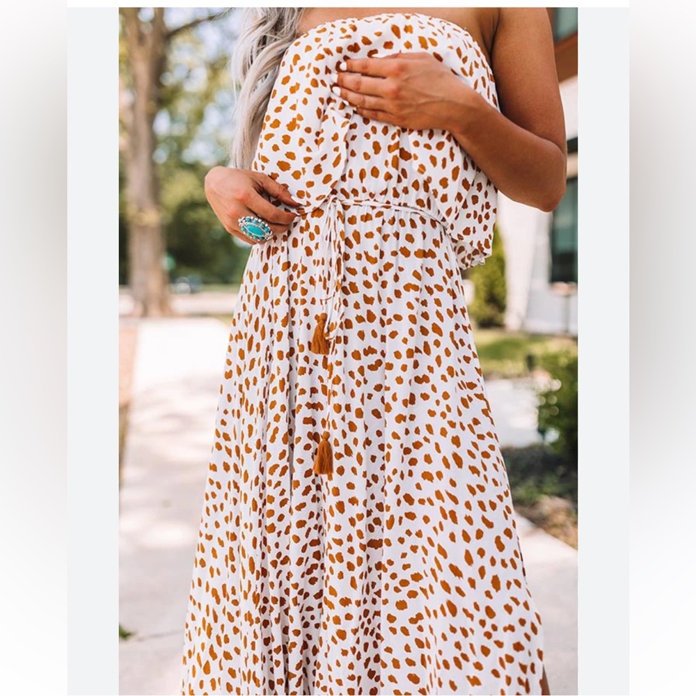 VICI Compassionate Printed Strapless Maxi Dress - Camel